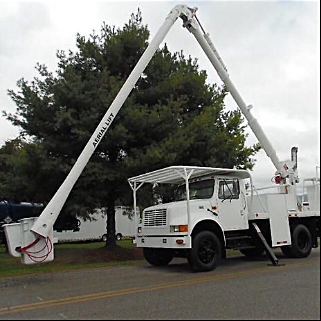 Bucket truck reaching over the pines